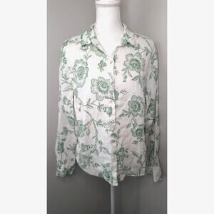 Joie Linen Button Down Shirt Large Green Floral Lightweight Summer